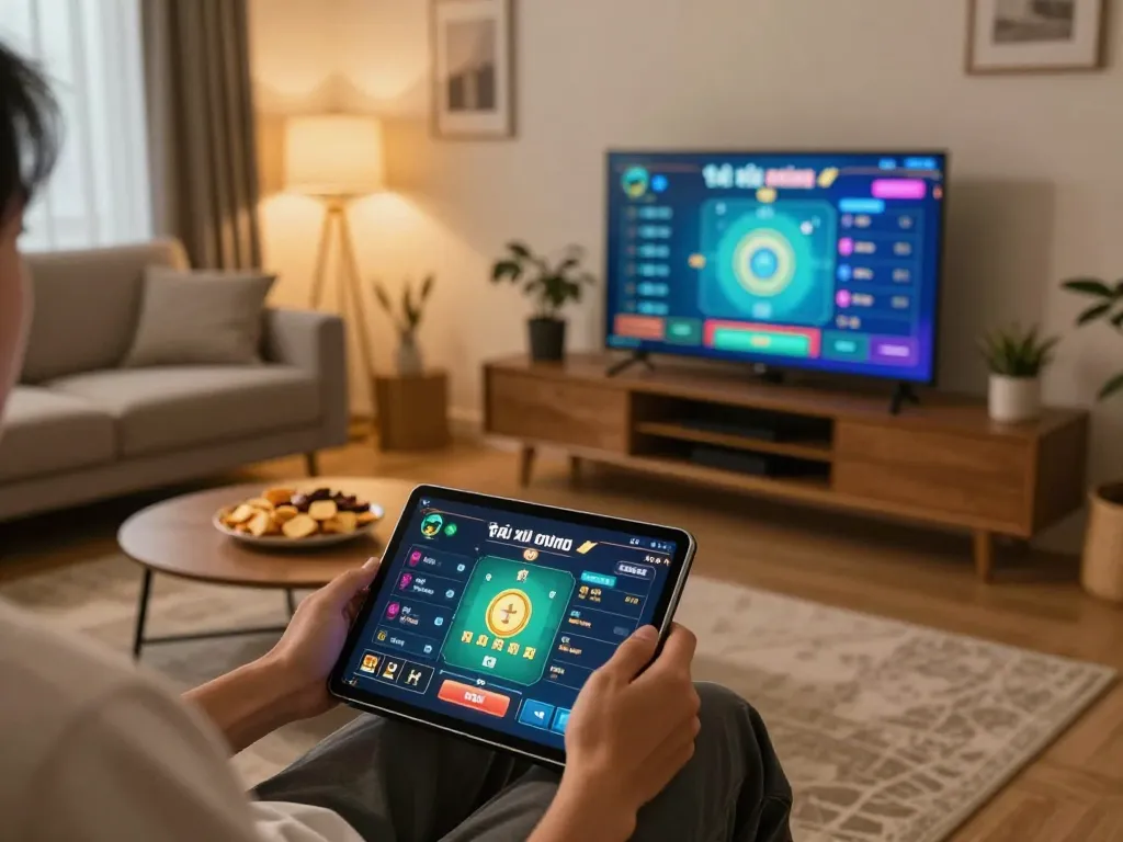 Person using app tài xỉu online in a cozy home gaming setup with tablet and snacks.
