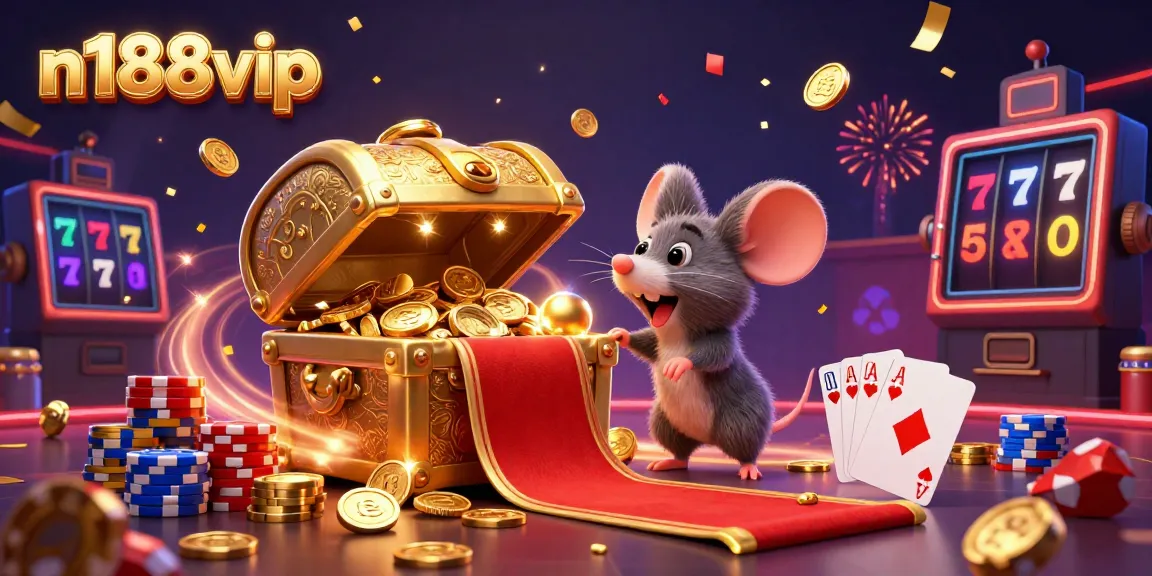 Experience the vibrant thrill of n188vip as colorful poker chips and sparkling gems whirl in a festive casino scene.