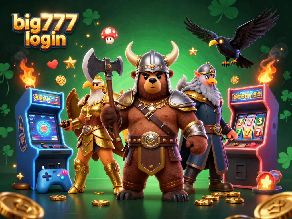 Engage with big777 login in a vibrant, action-packed casino-themed 3D illustration featuring bold characters and gaming elements.