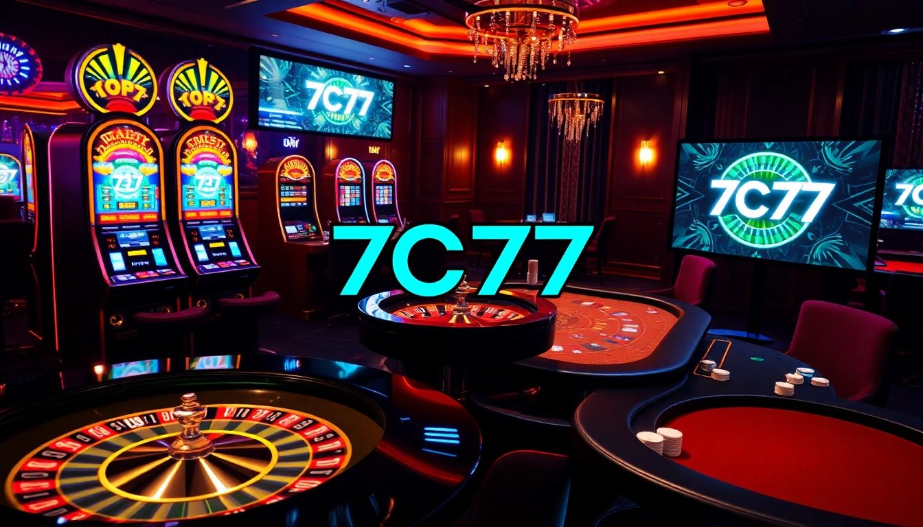 Excited players enjoying games at 7C77 casino, featuring vibrant slot machines and roulette wheels.