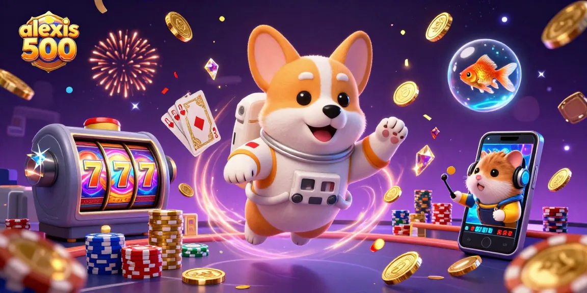 Join the fun at alexis 500 with a playful corgi and vibrant casino elements in a magical scene.