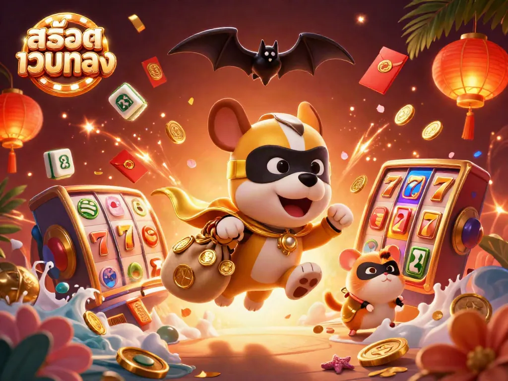 Experience สล็อตเว็บตรง excitement with a superhero dog and hamster collecting gold in a dynamic casino scene.