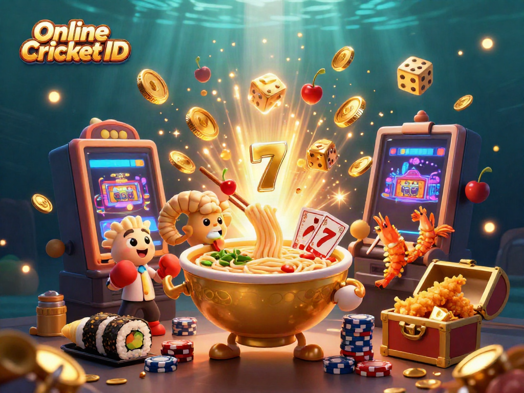Engage with Online Cricket ID through a lively scene of animated characters, slot machines, and festive light effects.