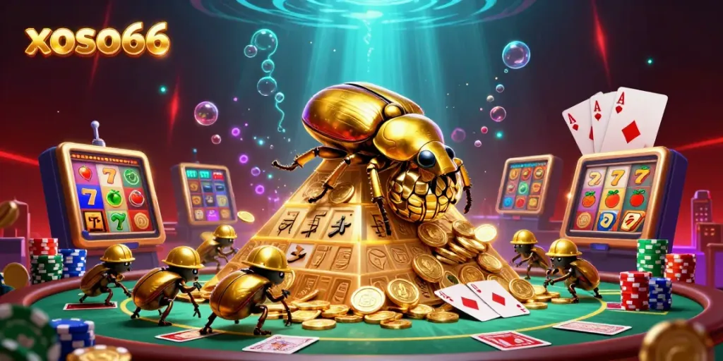 xoso66 showcases a vibrant casino scene with detailed cartoon elements and dynamic gambling activities.
