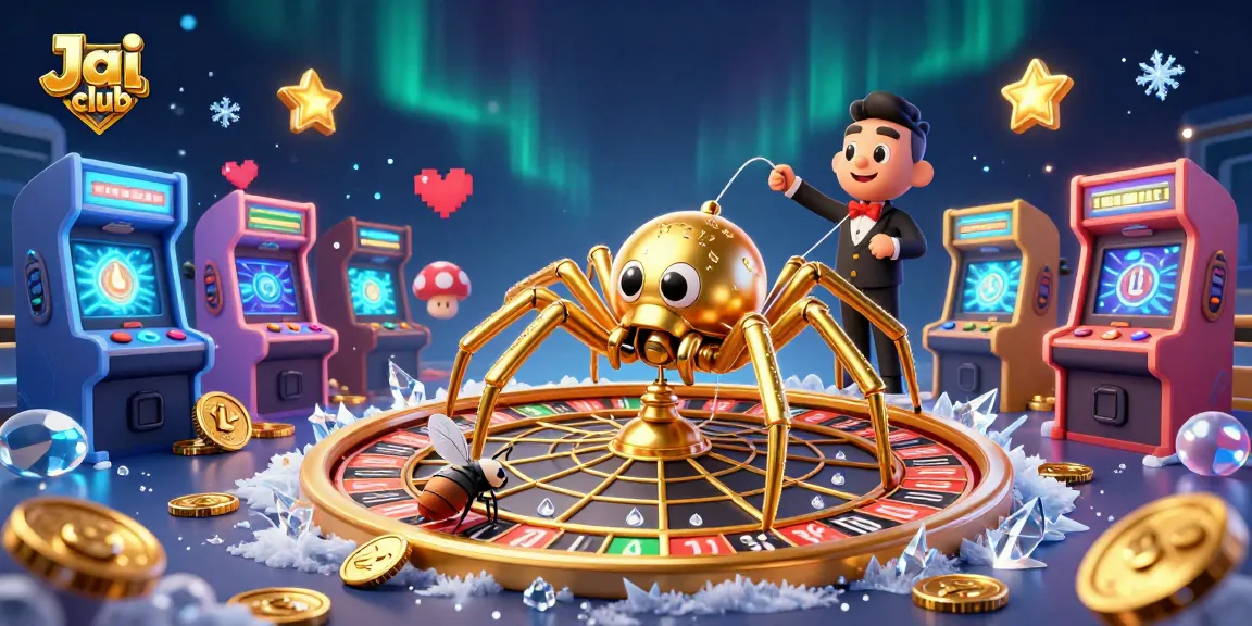 Engage with the thrill of Jai club as a golden spider spins a roulette wheel web in this enchanting 3D scene.