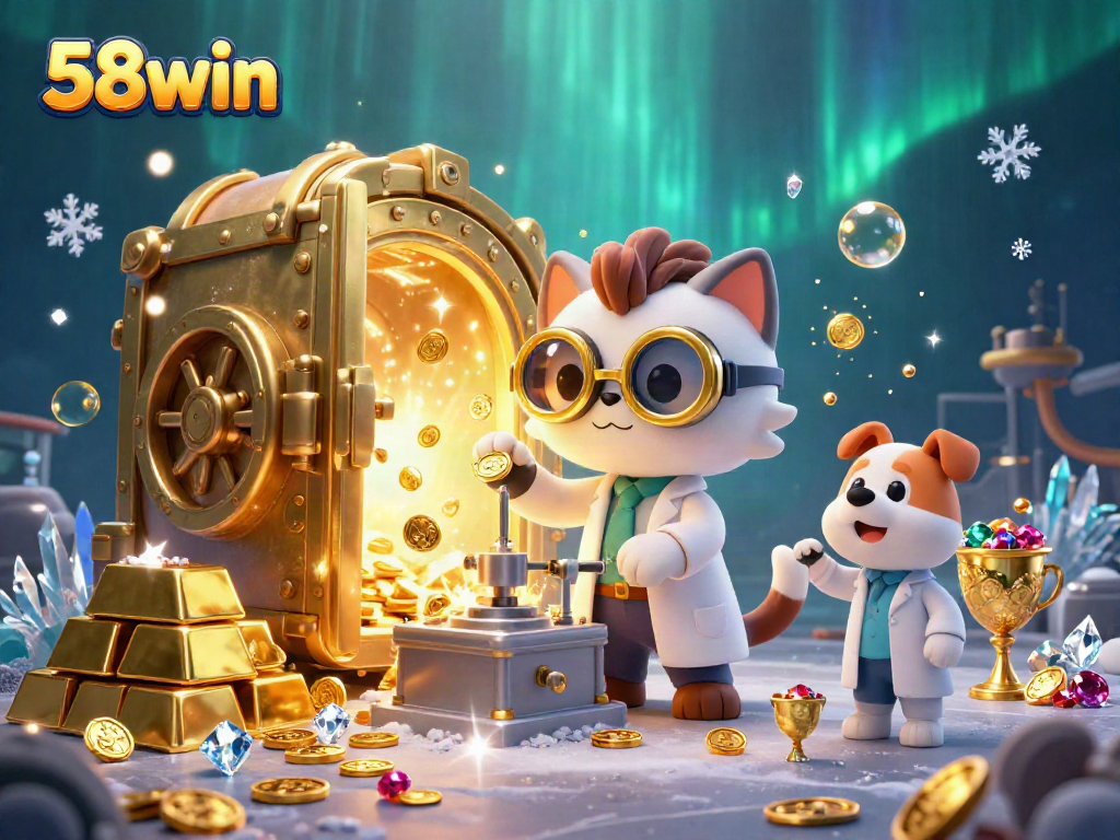 Experience the thrilling adventure of winning at 58win with a dynamic illustration of a mad scientist cat and his canine assistant in a treasure-filled casino lab.
