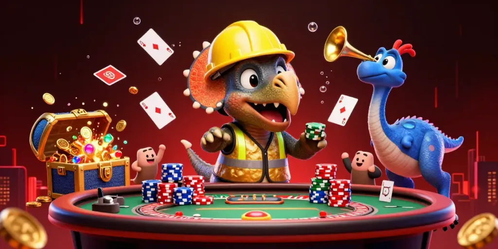 Menghadirkan pengalaman live casino dengan karakter dinosaur dan suasana kasino yang meriah dalam ilustrasi 3D.