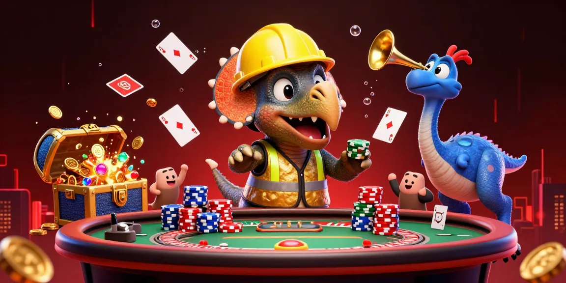 Menghadirkan pengalaman live casino dengan karakter dinosaur dan suasana kasino yang meriah dalam ilustrasi 3D.