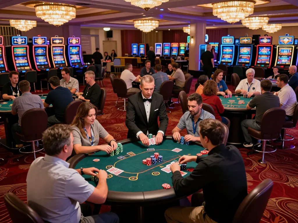 Players strategizing at poker tables in an upscale casino setting highlighting casinosscope gaming strategies