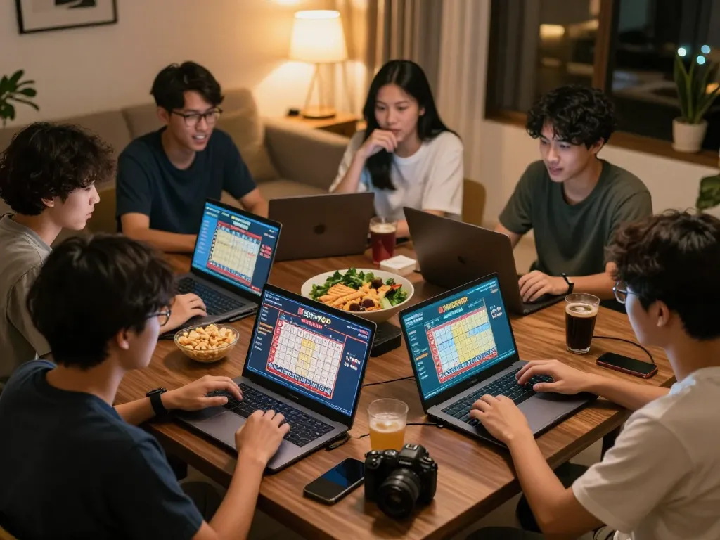 Players enthusiastically reviewing keluaran sgp results during an online Togel game night with friends.