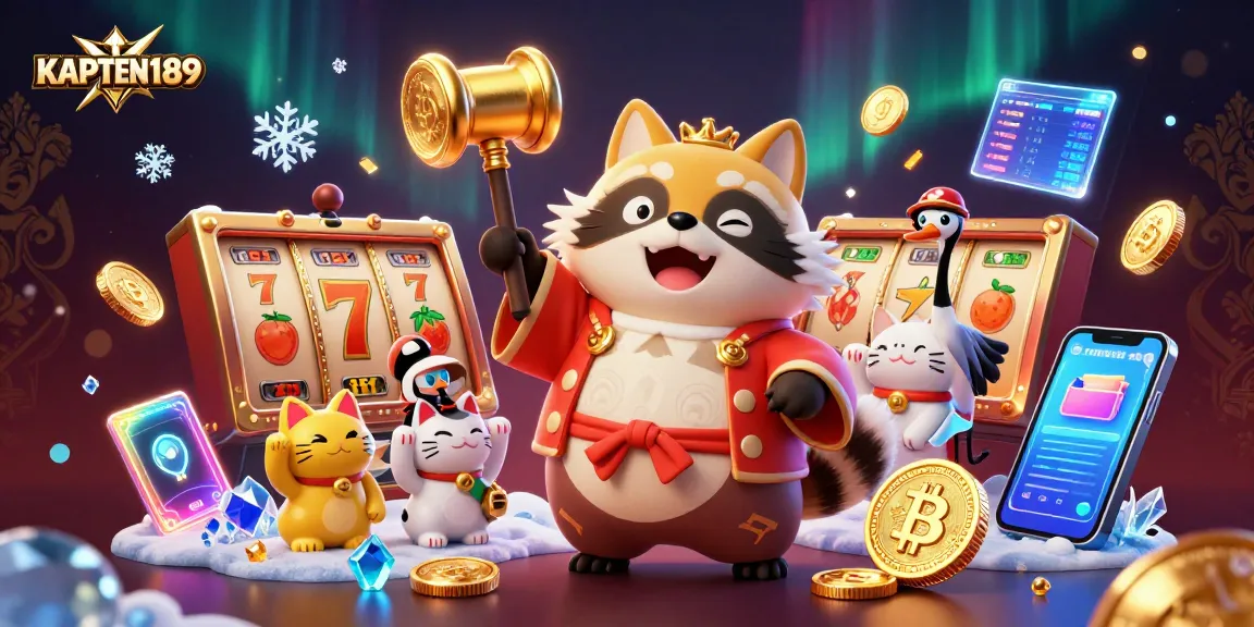 KAPTEN189 melawan slot jackpot dengan tanuki ceria, dikelilingi koin Bitcoin dan Ethereum.