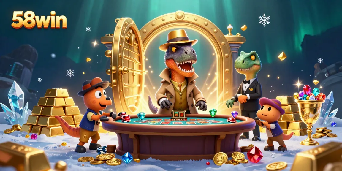Engage with the thrilling world of 58win casino games, featuring a cartoon velociraptor card counter and vibrant casino elements.