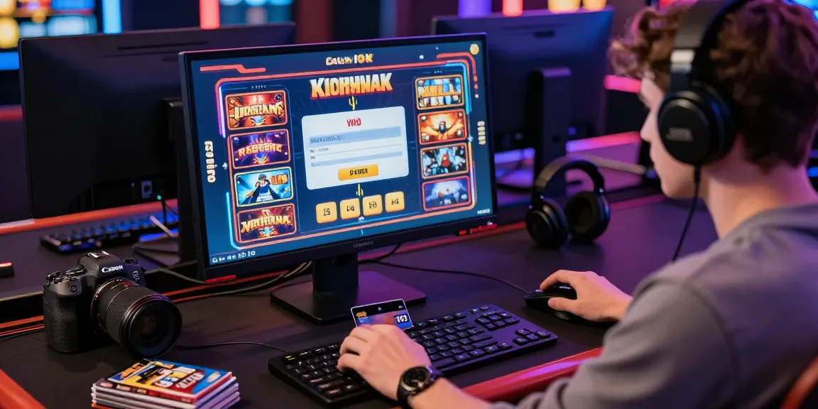 Player at a modern online casino using Visa credit card on https://cullengolfclub.co.uk while enjoying vibrant slot games, creating an engaging atmosphere.