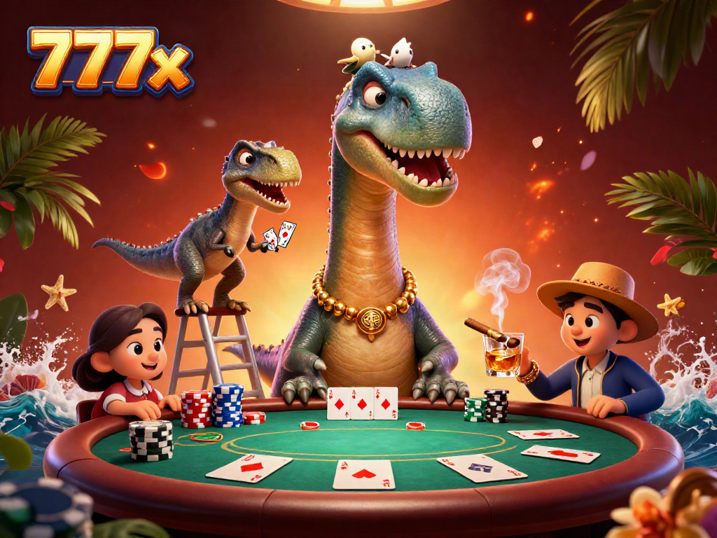 Play poker with 777x at a dynamic casino scene featuring a cartoon brontosaurus and clever raptor.