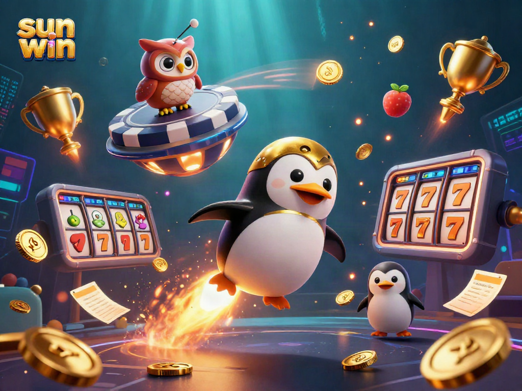 Experience thrilling jackpots at sun win with a golden penguin blasting through vibrant casino elements in a dynamic atmosphere.
