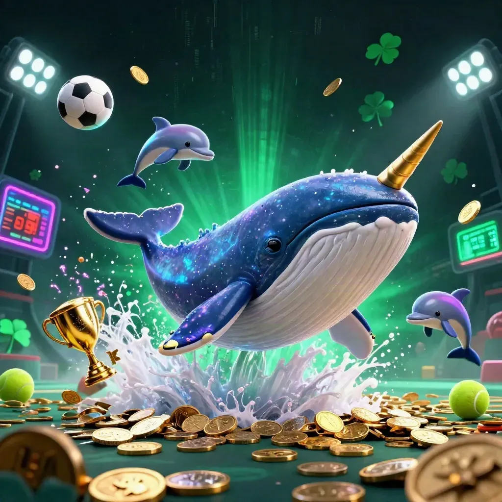 Whale captain, narwhal, and dolphins burst through coins with sports balls and neon casino lights.