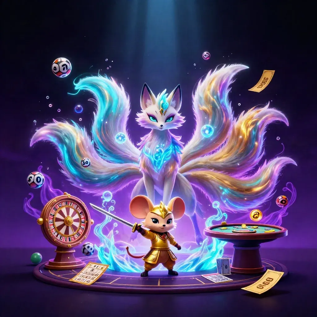 Nine-tailed neon fox spirit and golden samurai mouse amid casino magic and floating game pieces