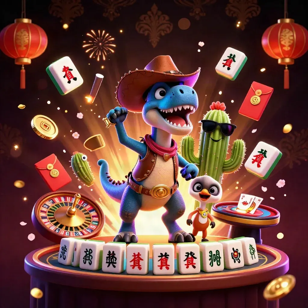 Cowboy T-Rex, cactus sidekick, and roadrunner explode through neon casino treasure.