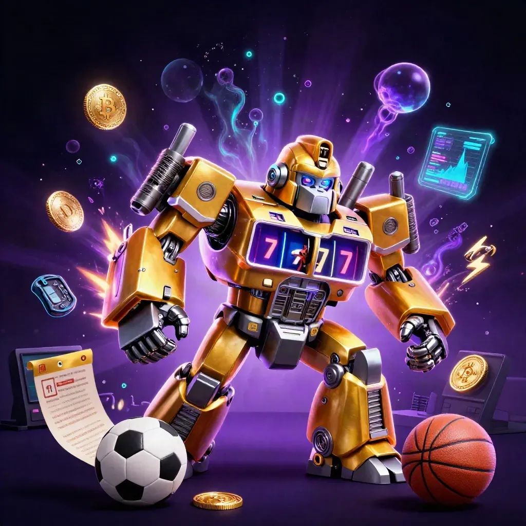 Golden gorilla slot-mech with monkey pilot amid coins, sports balls, and neon casino energy.