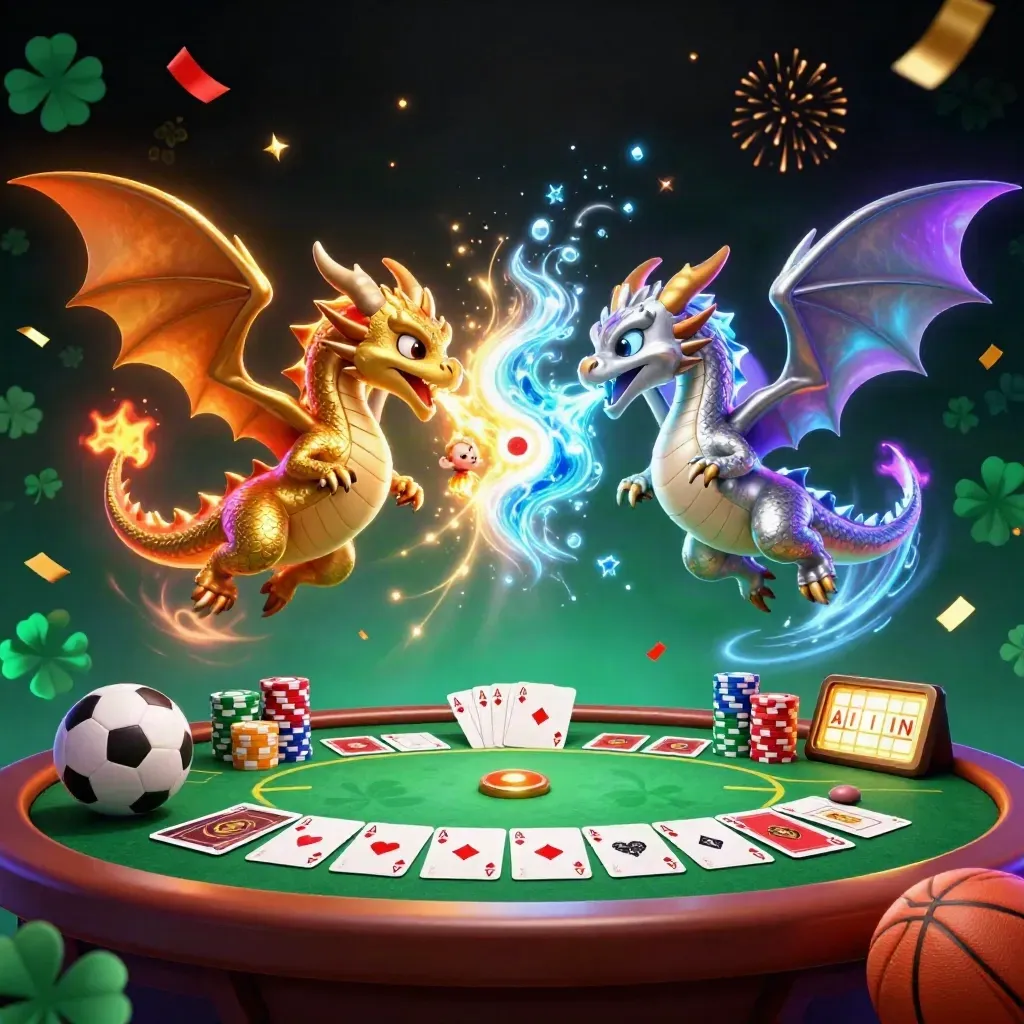 Gold and silver dragons whirl over casino chips, cards, balls, fireworks, and a glowing emerald backdrop.
