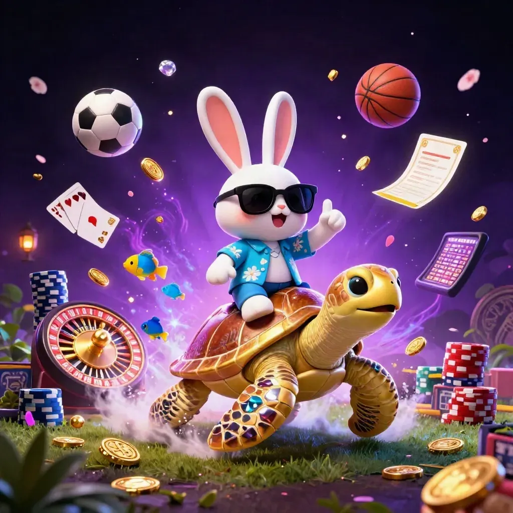 Lucky rabbit rides a jeweled turtle amid casino coins, cards, and glowing sports props.