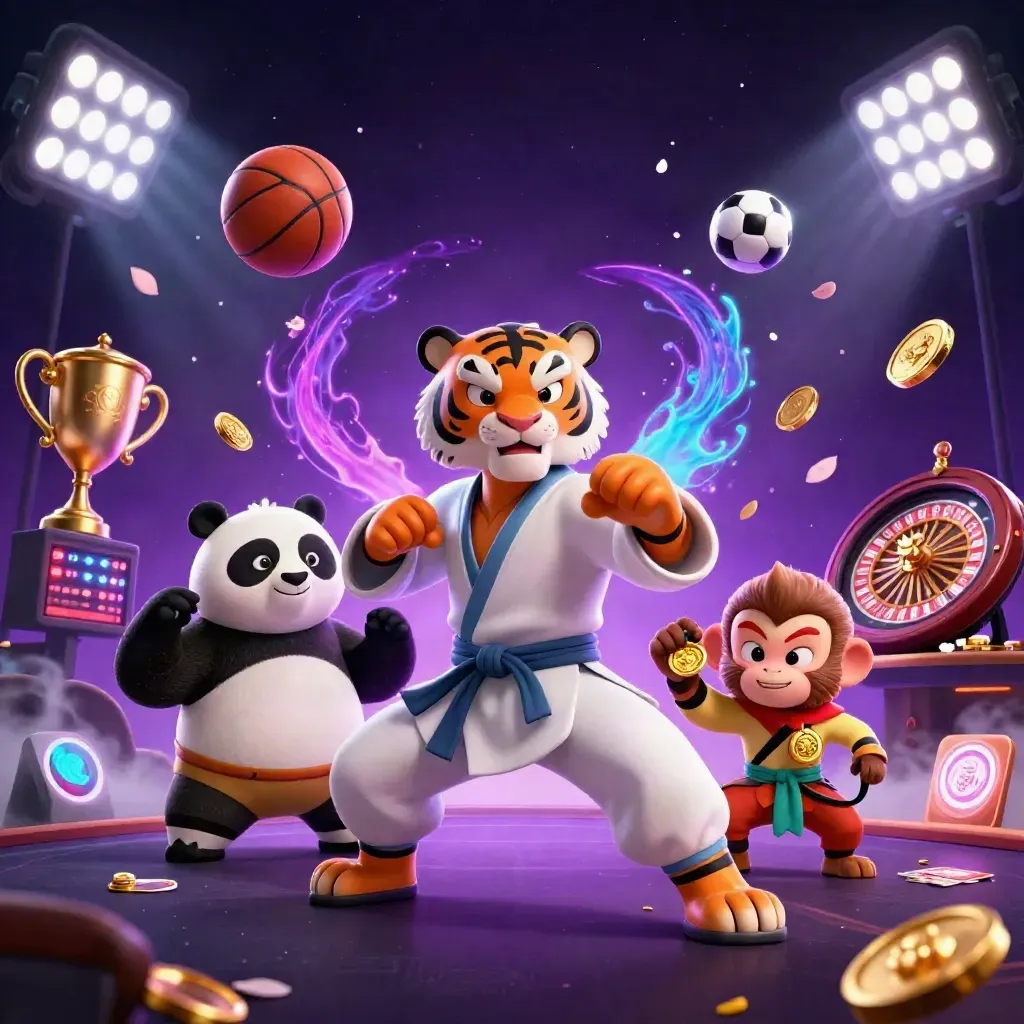 Kung-fu tiger, panda, and monkey amid casino glow, flying sports balls, trophy, roulette wheel, and petals