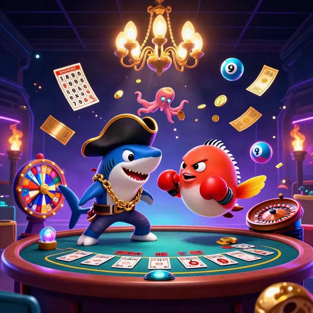 Pirate shark, boxing pufferfish, and juggling octopus in a neon casino vortex.