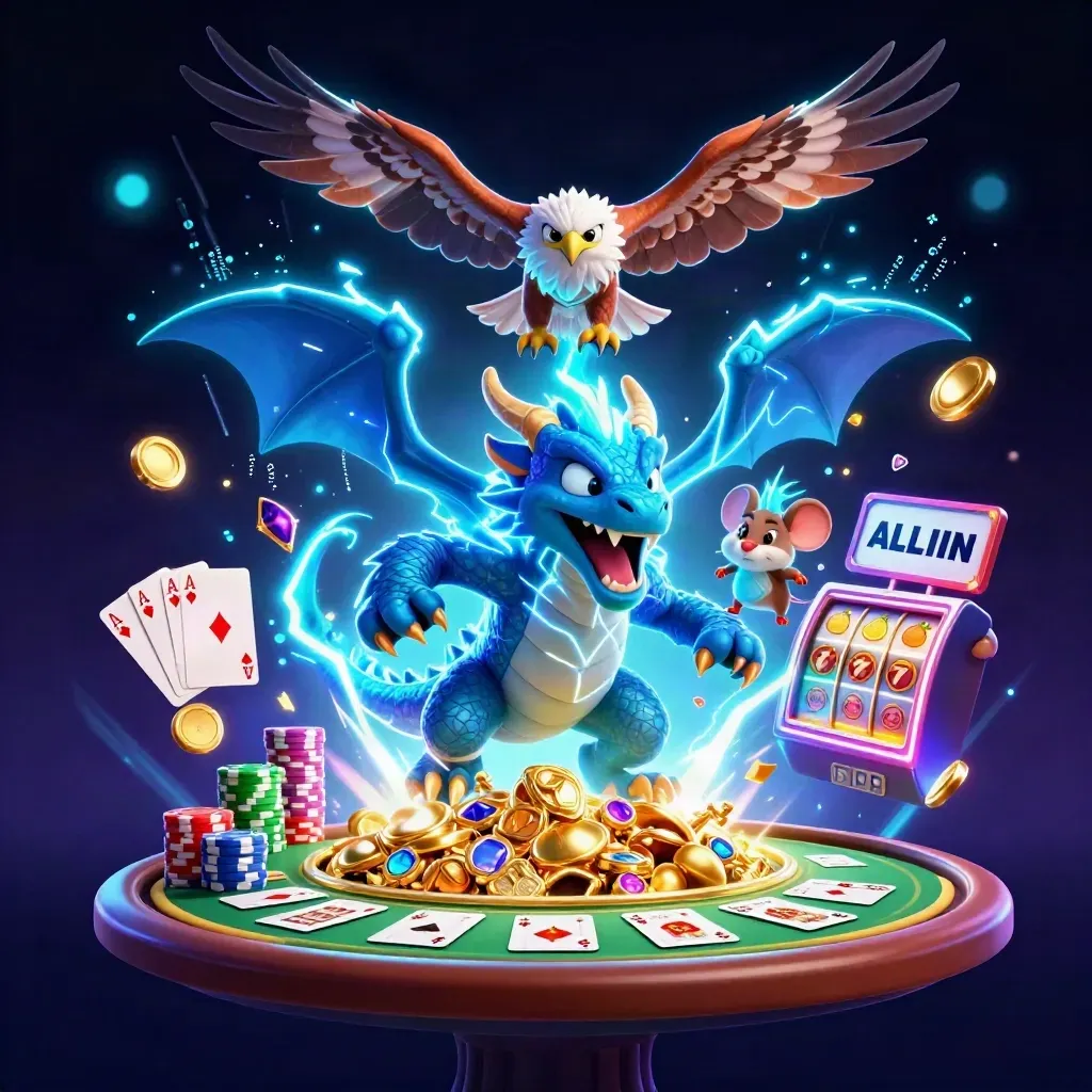 Thunder dragon, hawk, and static mouse burst through chips, cards, and cyan casino lightning.