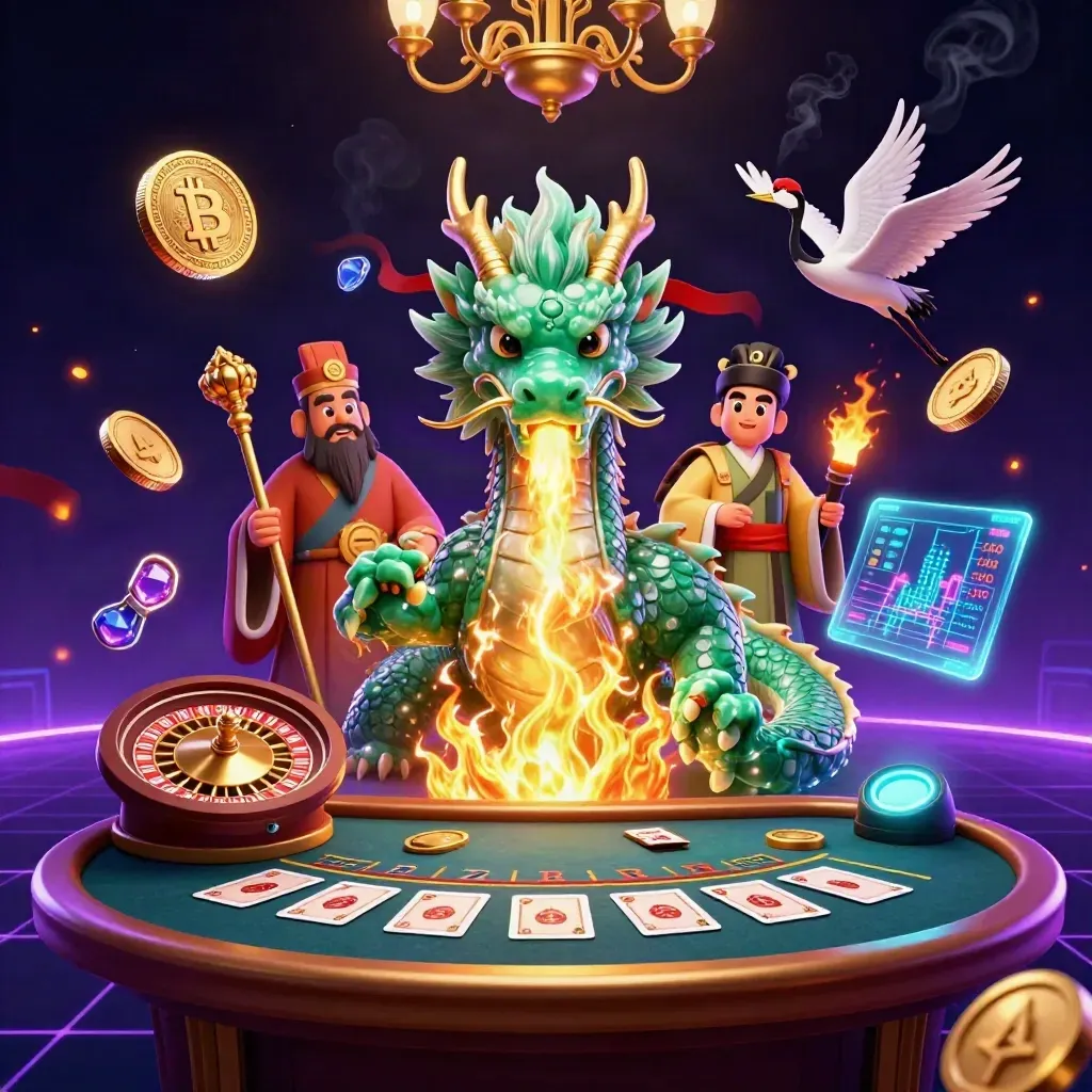 Emerald dragon, turtle sage, and cranes amid neon casino glow, coins, sparks, and a spinning wheel.