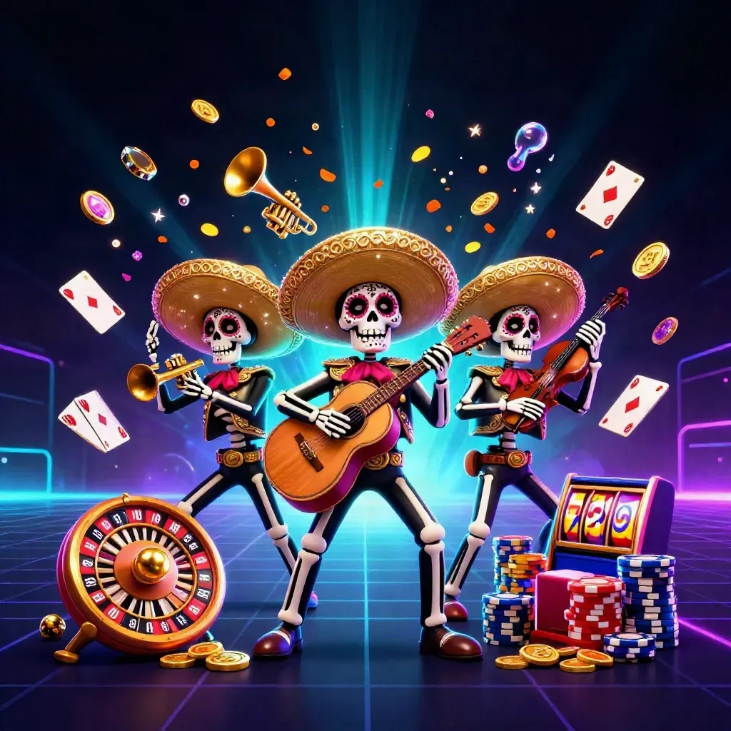 Day-of-the-Dead skeleton mariachi trio amid coins, chips, roulette, cards, cyan glow