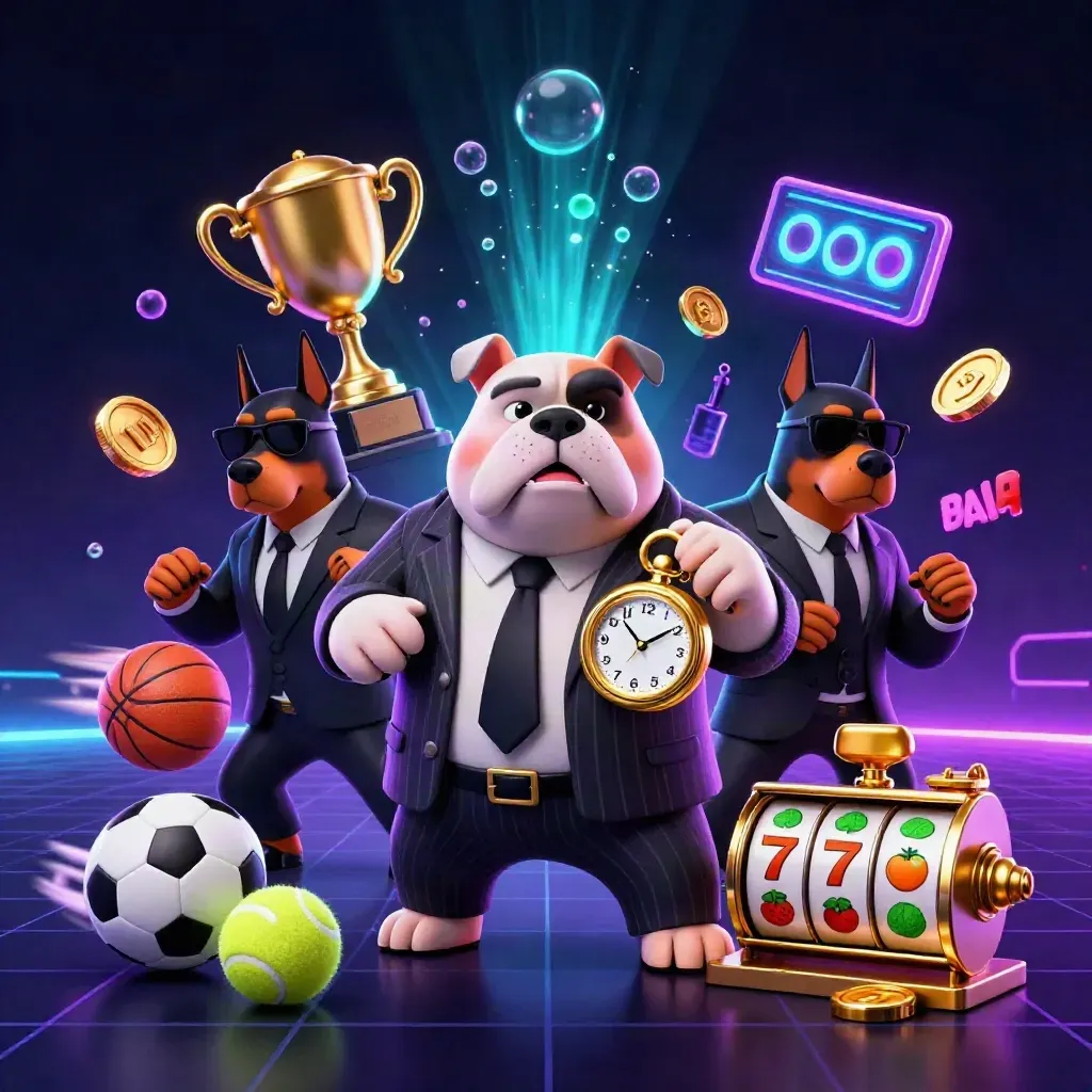 Bulldog boss with Doberman guards amid sports balls, coins, trophy, and neon casino glow.