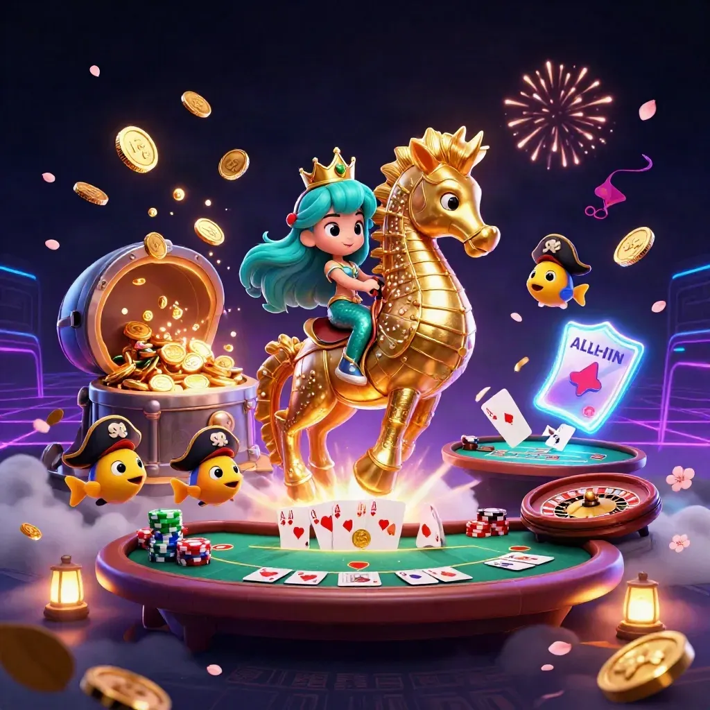 Mermaid princess on a gold seahorse amid casino chips, cards, coins, fireworks, and neon treasure glow.