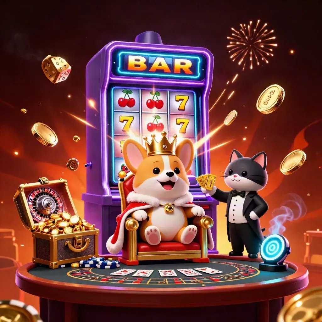 Royal corgi and cat butler amid slot jackpot bursts, gold coins, fireworks, and casino glow.