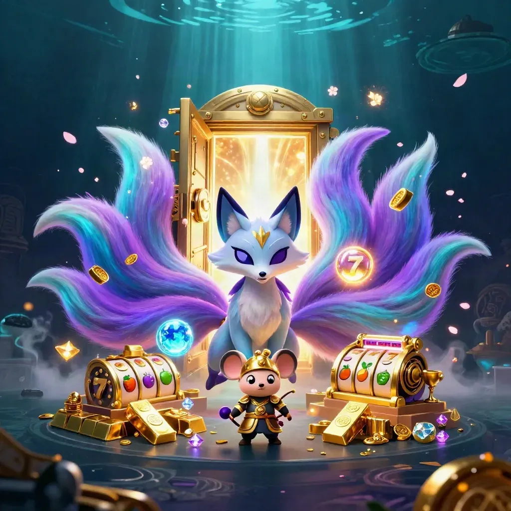 Neon fox spirit and armored mouse before a vault, reels, gems, and underwater glow.