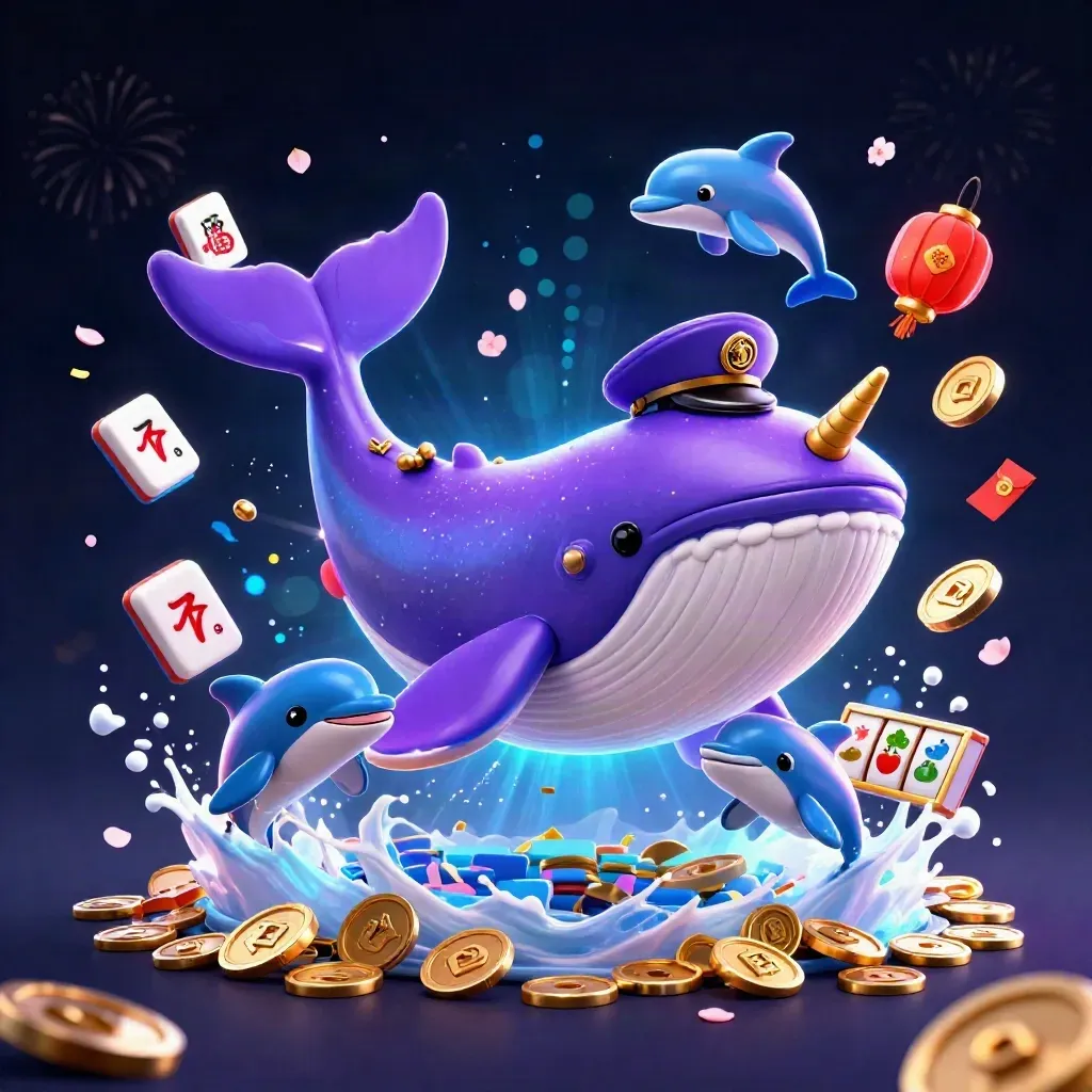 Whale captain, narwhal, and dolphins burst through coins with casino icons and neon glow.