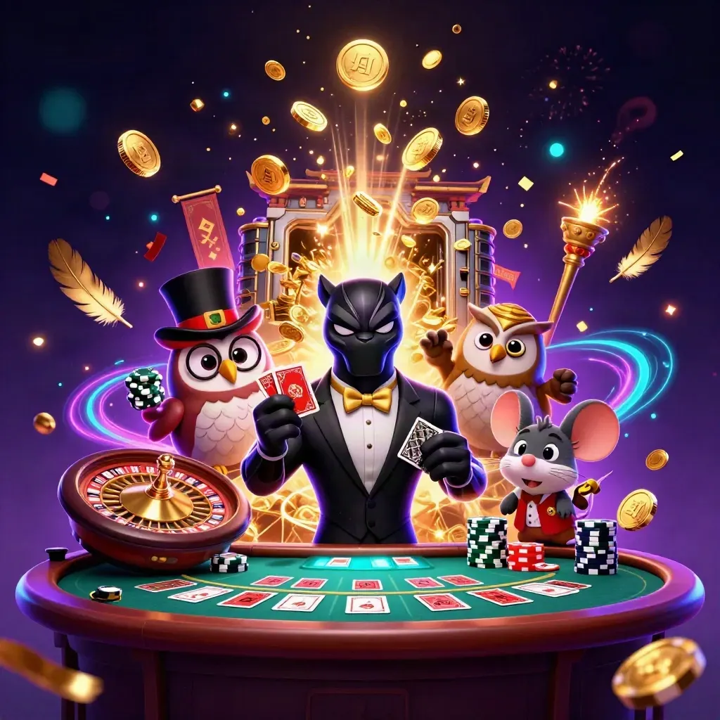 Panther, owl, and mouse celebrate amid gold coins, fireworks, and casino magic.