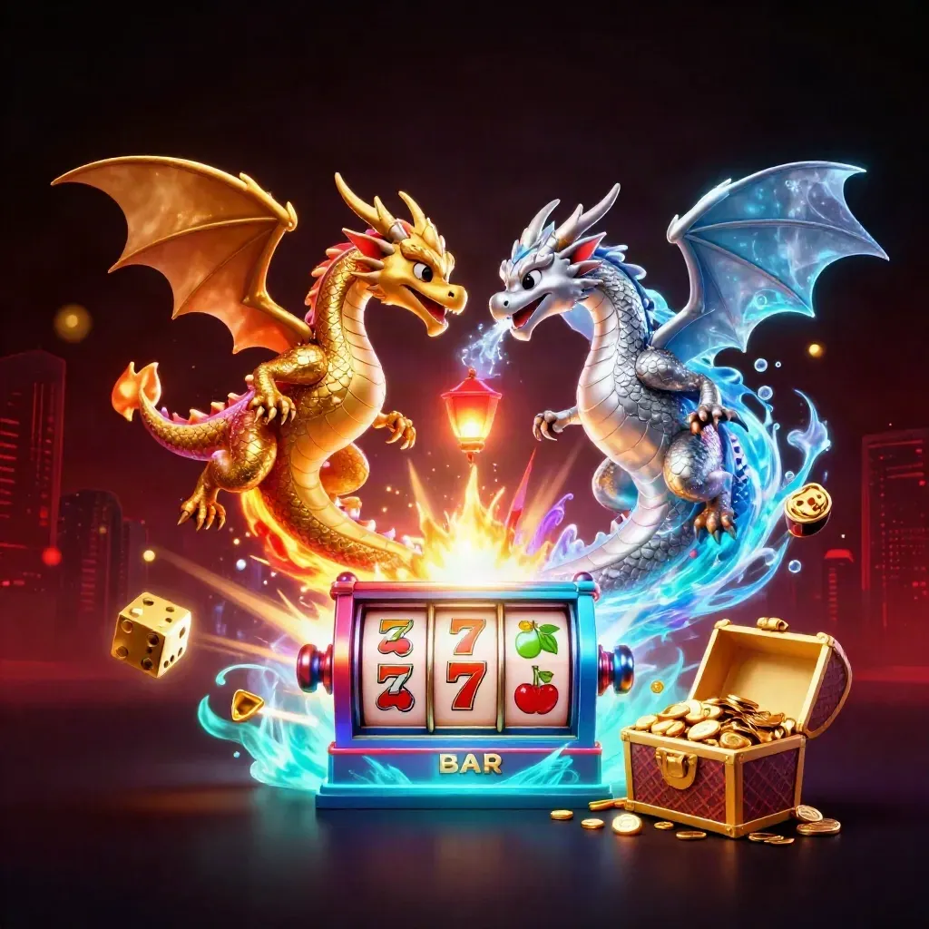 Twin gold and silver dragons spiral around a lantern spirit amid slot reels, dice, and jackpot gold.