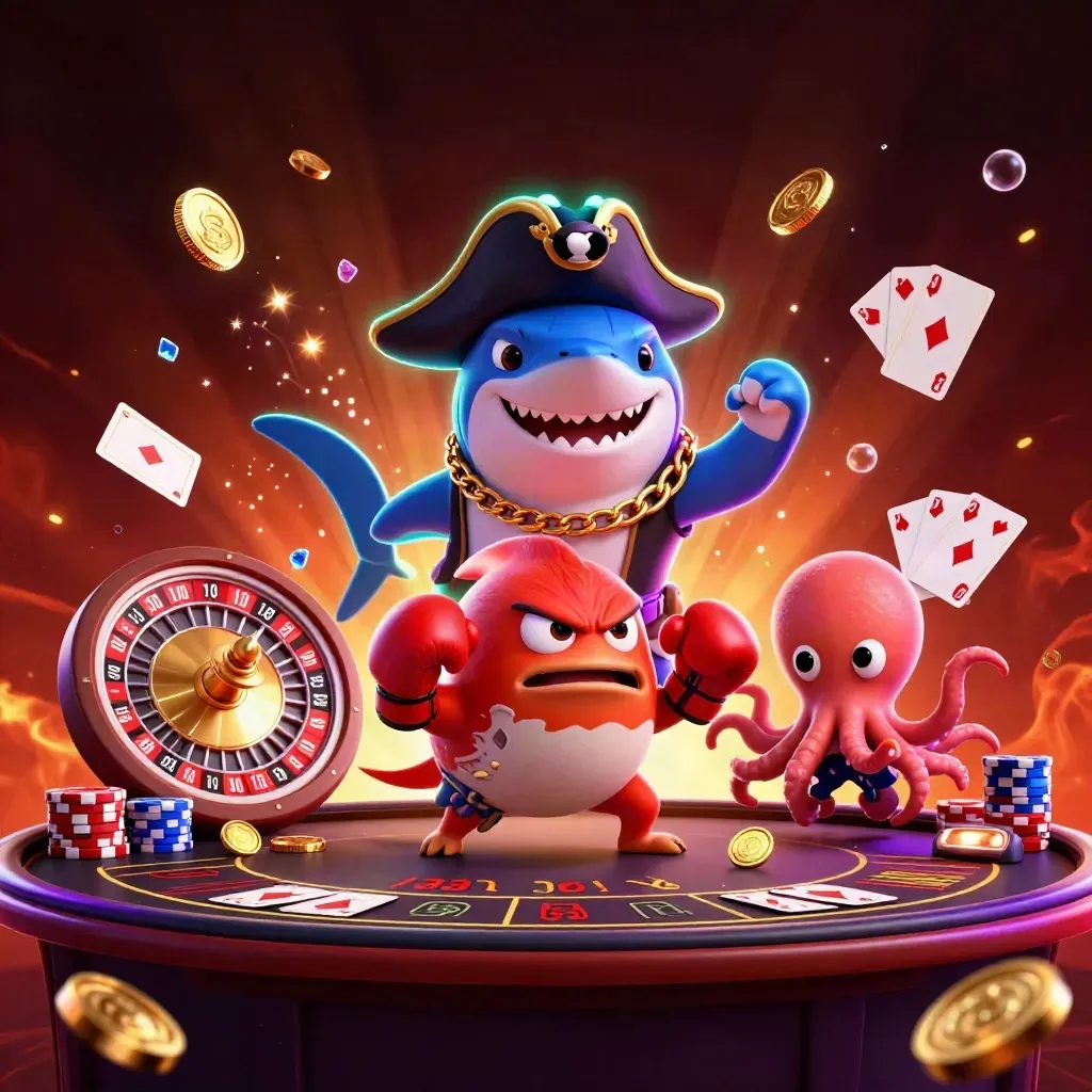 Shark captain, boxing pufferfish, and coin-juggling octopus amid casino sparks and glowing chips.