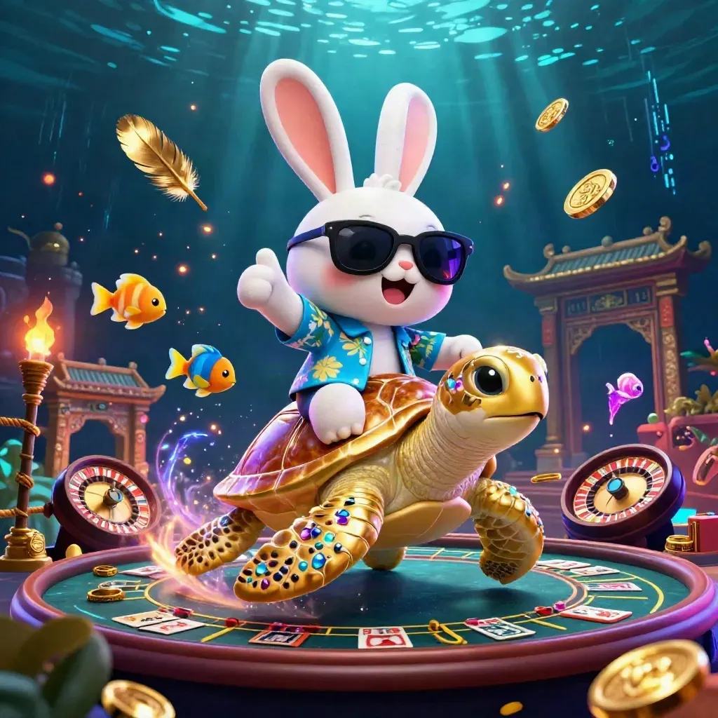 Lucky rabbit on a golden turtle with casino props, neon underwater glow, premium AAA game art