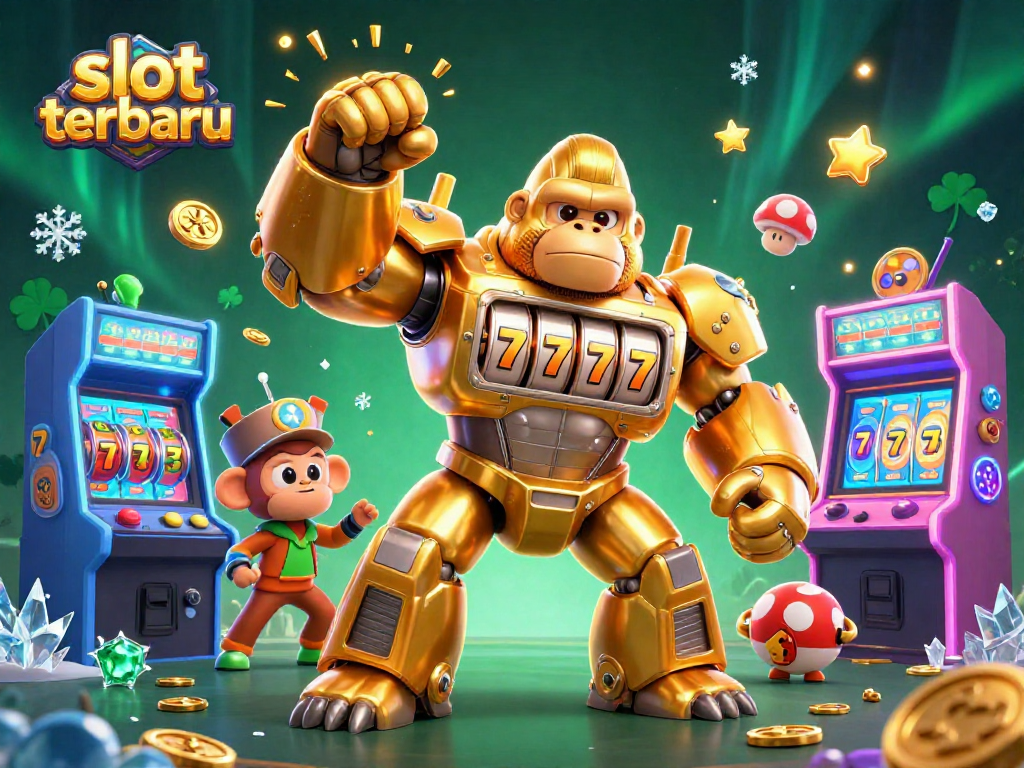 Experience thrilling wins with slot terbaru as a golden gorilla mech unleashes coins in a vibrant gaming landscape.