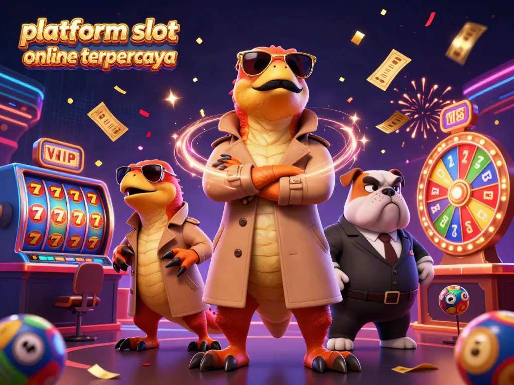 Menangkan permainan di platform slot online terpercaya dengan tiga raptor kartun dalam trench coat dan bulldog bouncer di lounge VIP kasino.