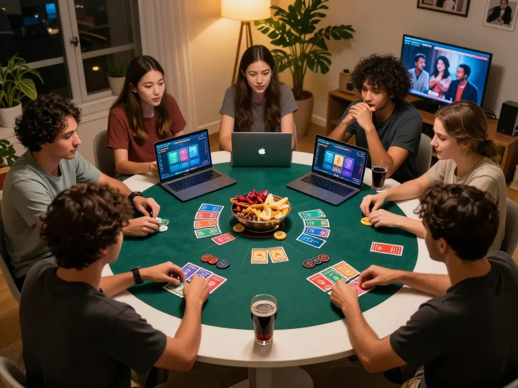 Players enjoying a lively online poker night using Hi88 with snacks and drinks in a cozy home setting.