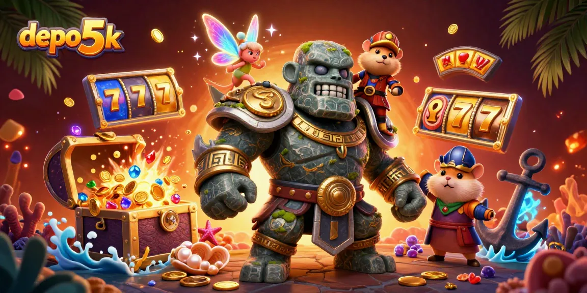 Engage in exciting gaming with depo 5k at a vibrant online casino illustration featuring fantastic characters.