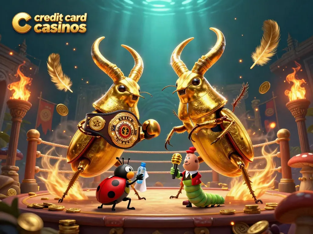 Engage with thrilling credit card casinos featuring a golden stag beetle boxing scene.