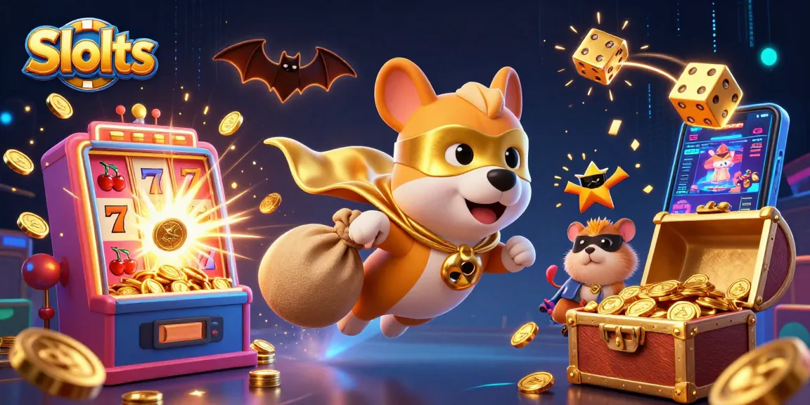 Spin to win on dynamic Slots with a super dog hero and colorful casino elements.