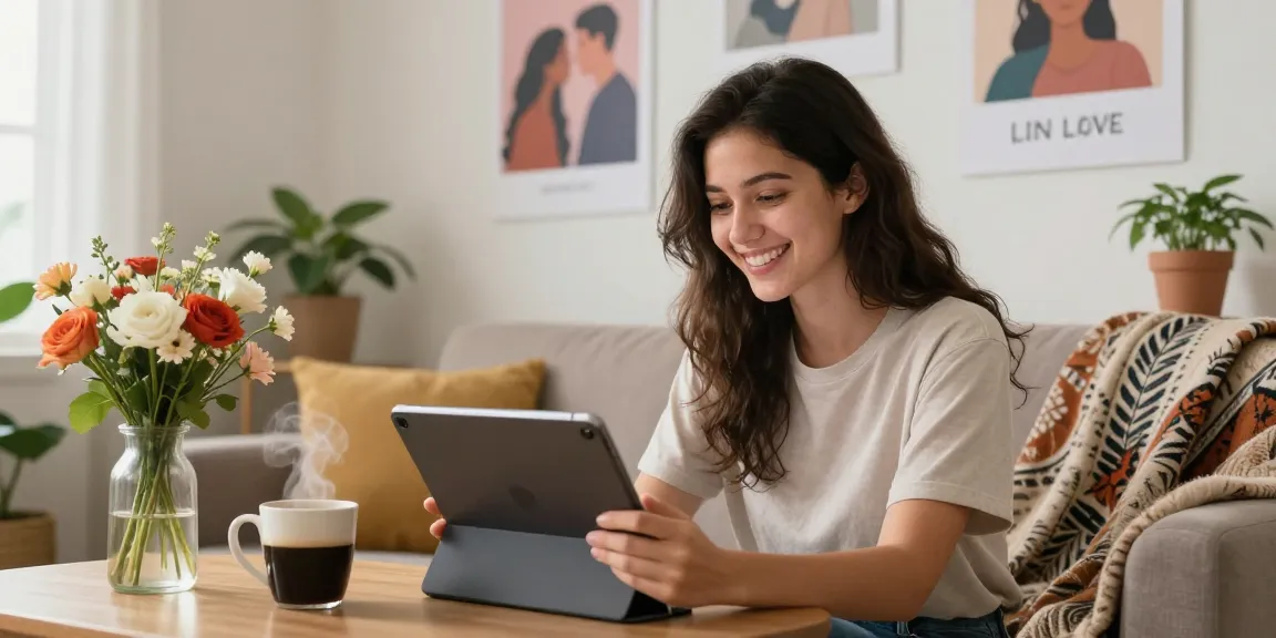 Young woman engaging with her AI girlfriend in a cozy home setting, representing modern companionship.