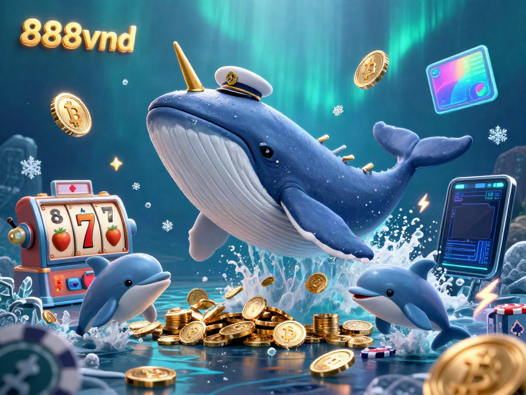 Experience the excitement of 888vnd with a vibrant scene featuring a whale, narwhal, and playful dolphins amidst slots, poker chips, and cryptocurrency elements.