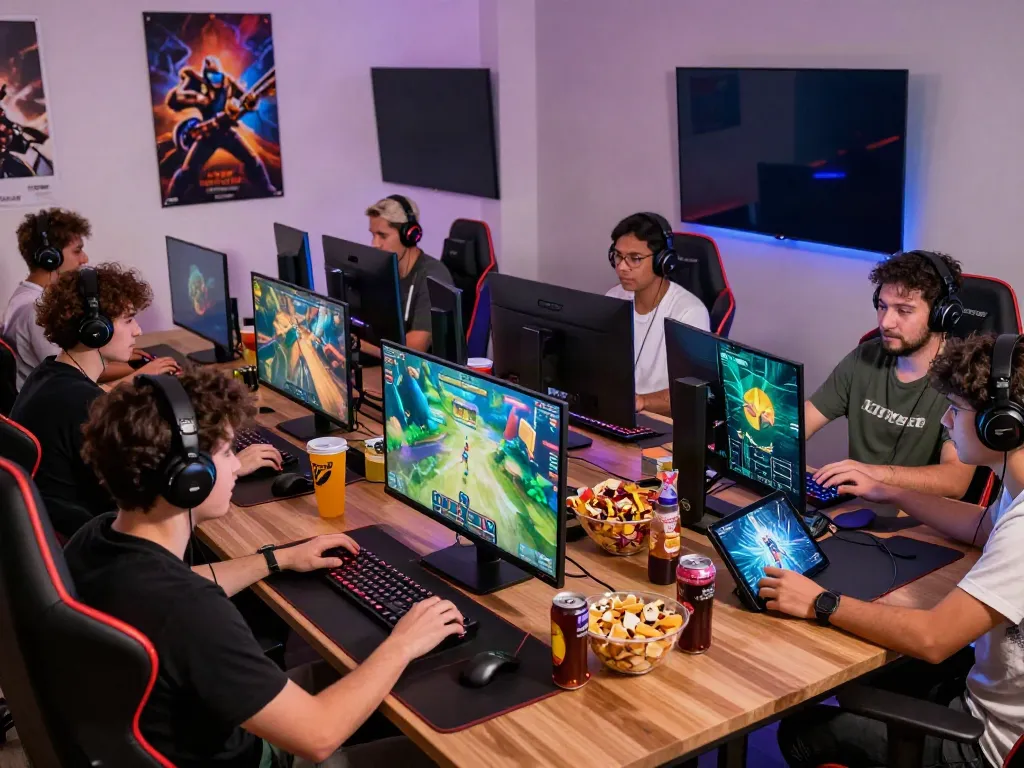 Gamer di NYONYA4D, bermain game online dengan antusias, dikelilingi perangkat modern.