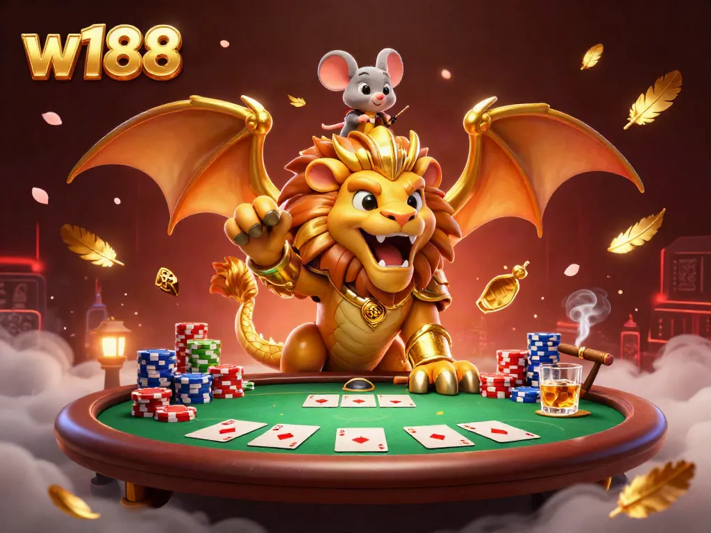 Experience the thrill of w188 gaming with a dynamic chimera and poker scene, celebrating victory.