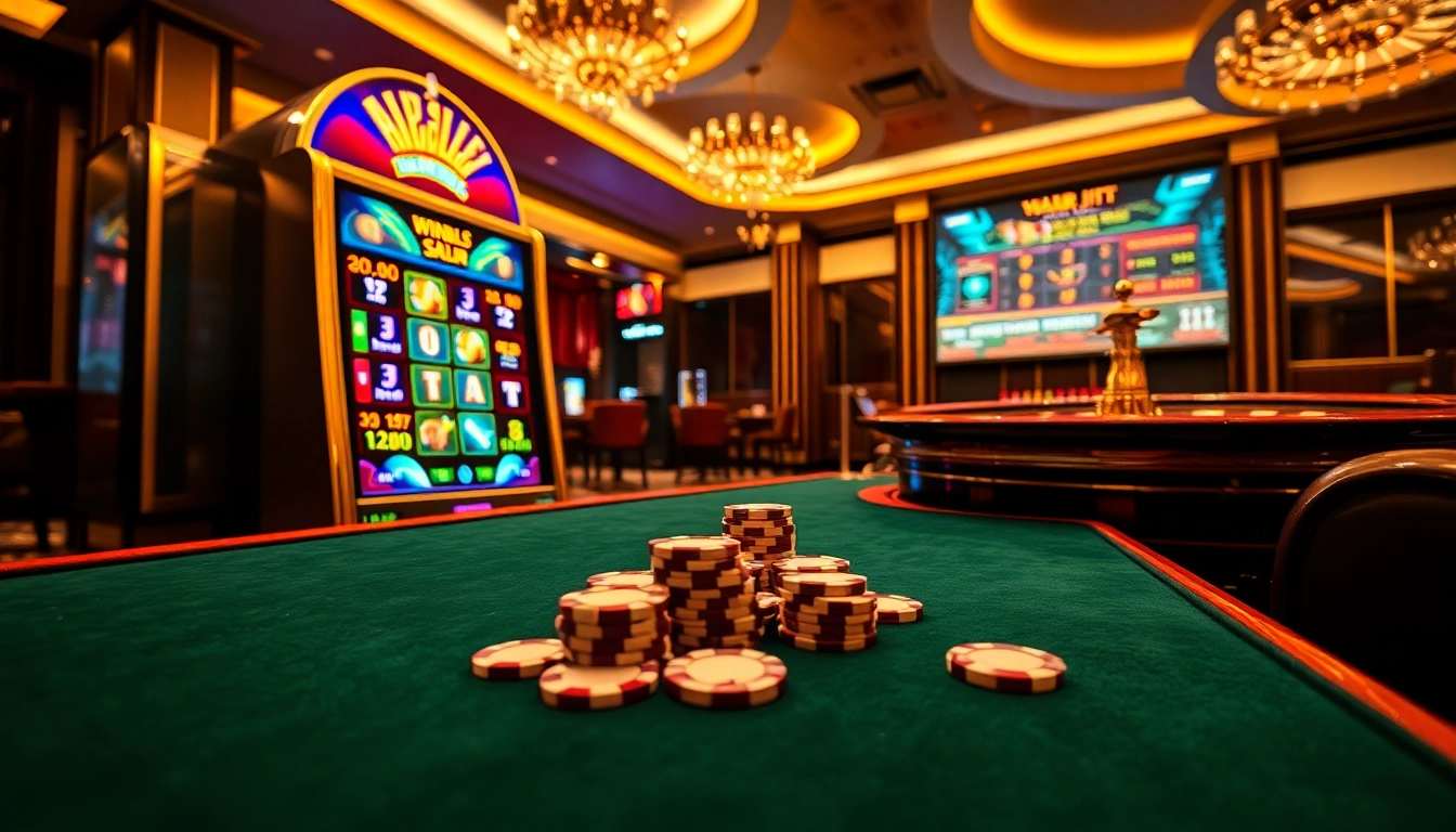 Experience winning strategies on the ktp jitu slot machine in an elegant casino setting, featuring vibrant lights and poker chips.